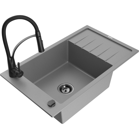 Mexen Elias granite sink 1-bowl with drainer and Aster kitchen tap, grey - 6511-71-73450-70-B