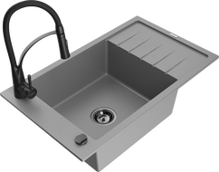 Mexen Elias granite sink 1-bowl with drainer and Aster kitchen tap, grey - 6511-71-73450-70-B