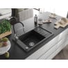 Mexen Elias Granitspüle 1-Becken mit Abtropffläche und Küchenarmatur Aster, schwarz/silber Metallic - 6511-73-73450-07