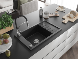 Mexen Elias Granitspüle 1-Becken mit Abtropffläche und Küchenarmatur Aster, schwarz/silber Metallic - 6511-73-73450-07