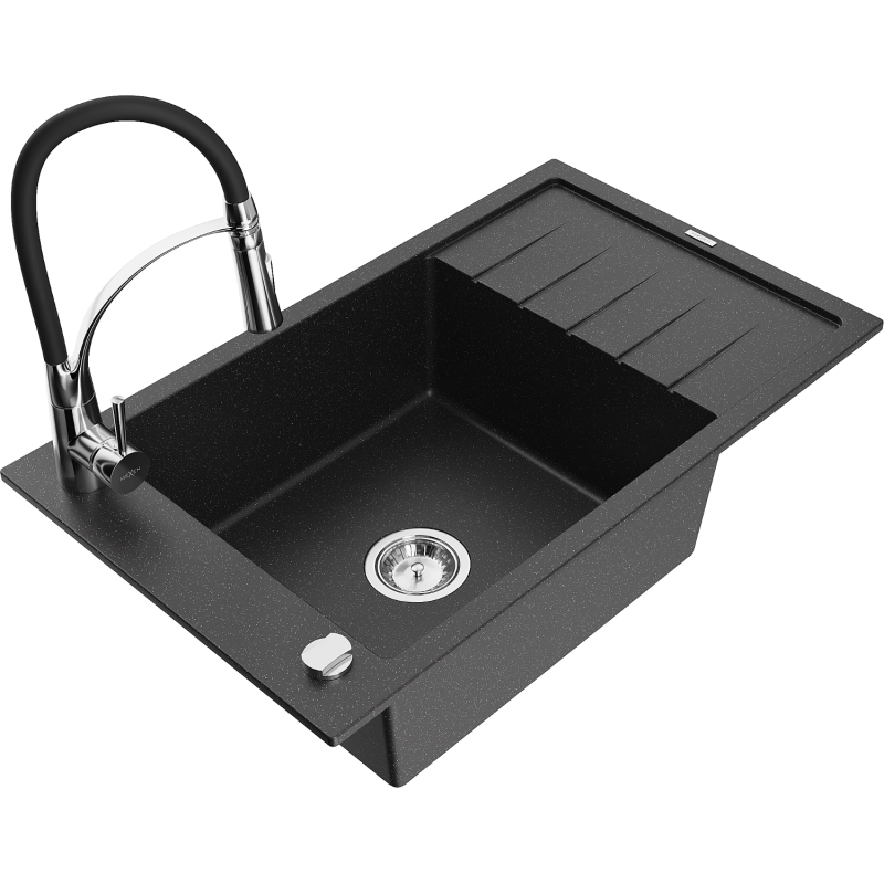 Mexen Elias fregadero de granito de 1 cubeta con escurridor y grifo de cocina Aster, negro/metálico plateado - 6511-73-73450-07