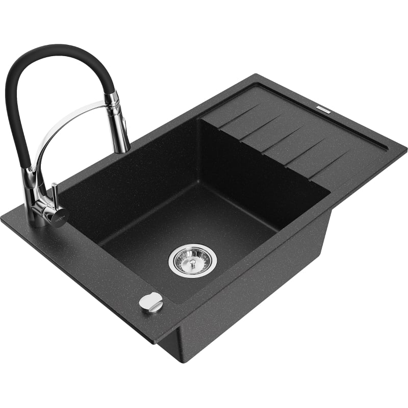 Mexen Elias Gootsteen van graniet met 1 bak, afdruiprek en keukenkraan Aster, zwart/zilver metallic - 6511-73-73450-07