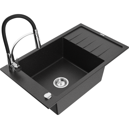 Mexen Elias granitstenen spoelbak met 1 bak, afdruiprek en keukenmengkraan Aster, zwart/zilver metallic - 6511-73-73450-07
