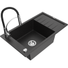 Mexen Elias granitais izlietne ar vienu nodalījumu, noplūdes virsmu un virtuves jaucējkrānu Aster, melns/sudraba metālisks