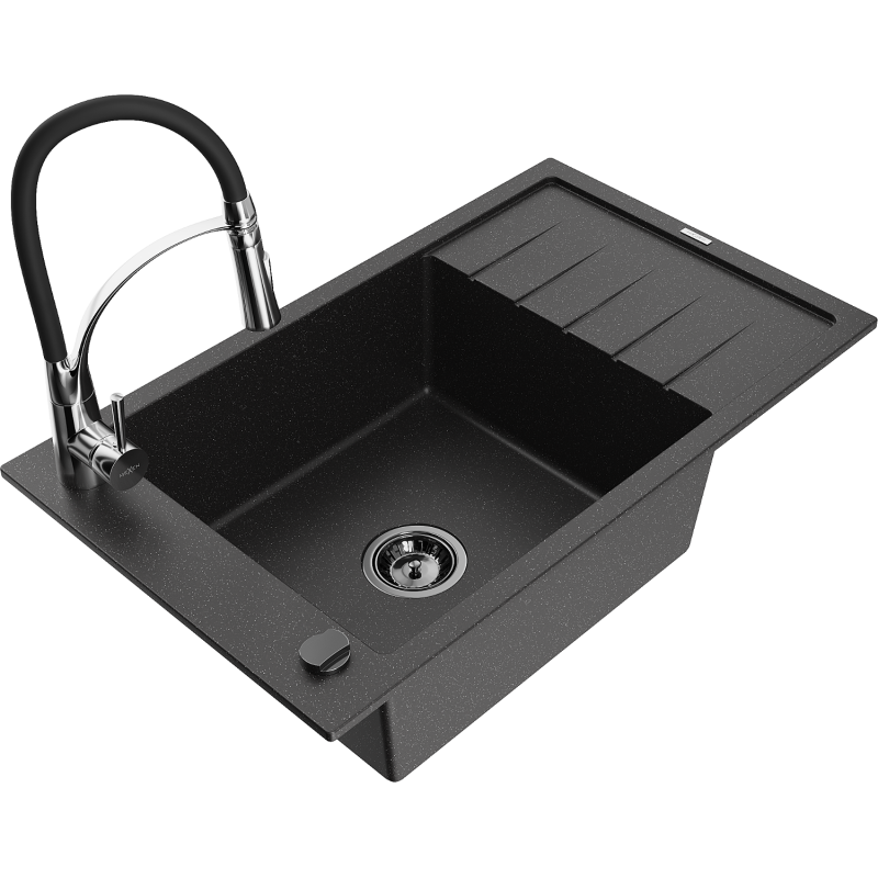 Mexen Elias 1-bowl granite sink with drainer and Aster kitchen tap, black/silver metallic - 6511-73-73450-07-B