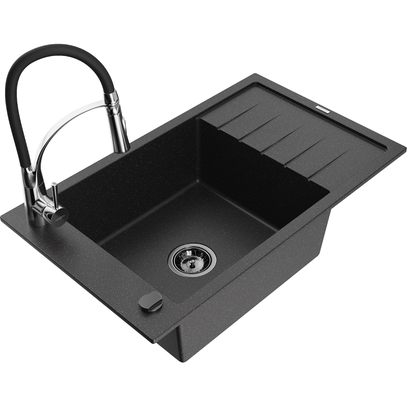 Mexen Elias fregadero de granito de 1 seno con escurridor y grifo de cocina Aster, negro/metalizado plateado