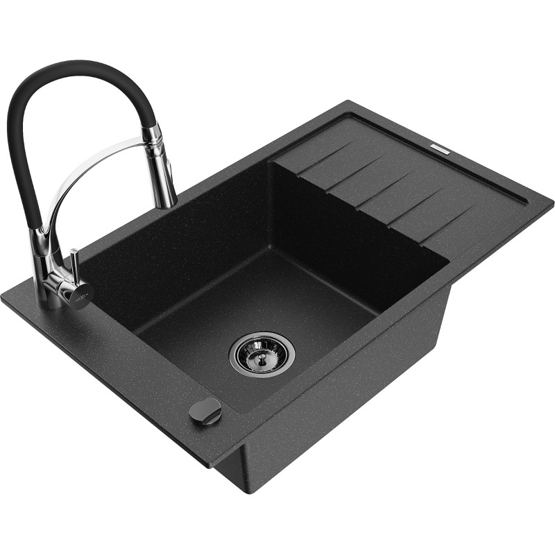 Mexen Elias Granitspüle 1-beckig mit Abtropffläche und Küchenarmatur Aster, schwarz/silber metallic - 6511-73-73450-07-B