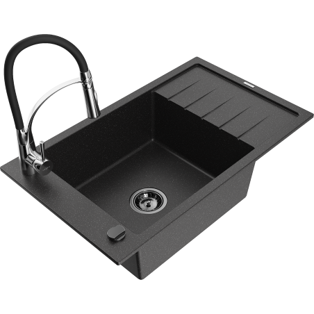 Mexen Elias fregadero de granito de 1 seno con escurridor y grifo de cocina Aster, negro/metalizado plateado