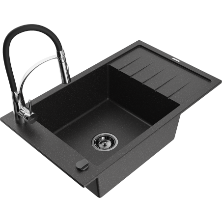 Mexen Elias granit spoelbak 1-kuip met afdruiprek en keukenmengkraan Aster, zwart/zilveren metallic - 6511-73-73450-07-B