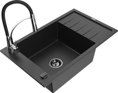 Mexen Elias 1-bowl granite sink with drainer and Aster kitchen tap, black/silver metallic - 6511-73-73450-07-B