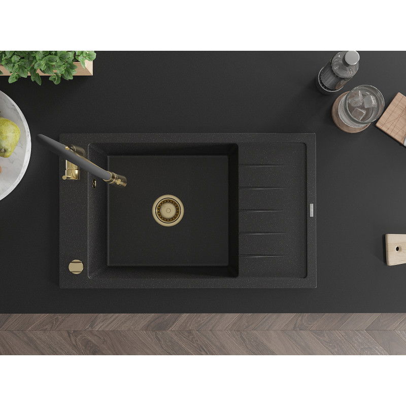Mexen Elias 1-bowl granite sink with drainer and Aster kitchen tap, black/silver metallic - 6511-73-73450-57-G