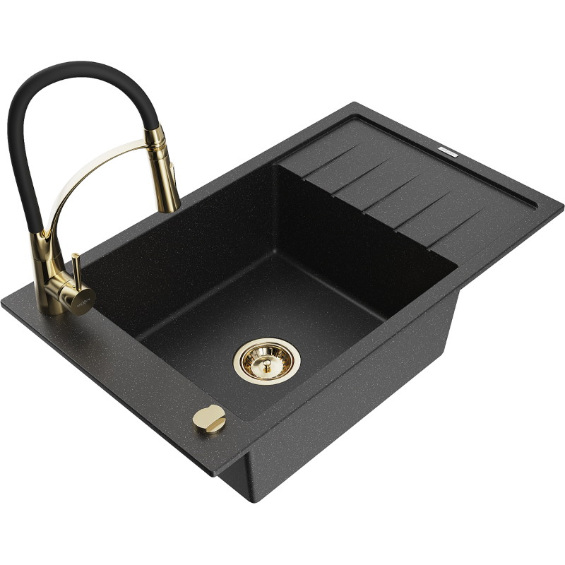 Mexen Elias granitische gootsteen 1-kamerig met afdruiprek en keukenkraan Aster, zwart/zilver metallic - 6511-73-73450-57-G