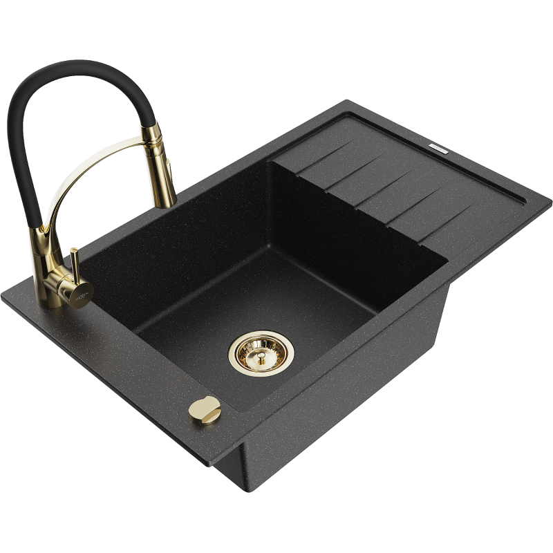 Mexen Elias Granitspüle 1-Becken mit Abtropffläche und Küchenarmatur Aster, schwarz/silbermetallik - 6511-73-73450-57-G