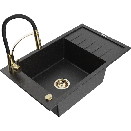 Mexen Elias granieten gootsteen met 1 kom met afdruiprek en keukenmengkraan Aster, zwart/zilver metallic - 6511-73-73450-57-G