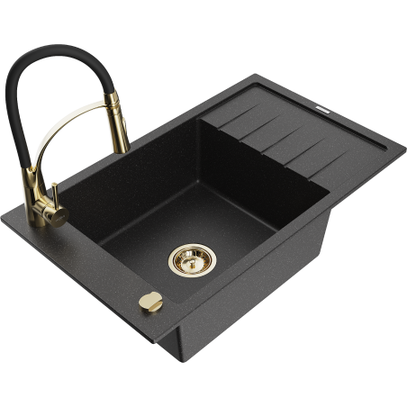 Mexen Elias Granitspüle 1-Becken mit Abtropffläche und Küchenarmatur Aster, schwarz/silbermetallik - 6511-73-73450-57-G