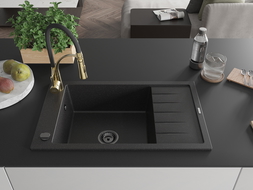 Mexen Elias granieten gootsteen 1-kamer met afdruiprek en keukenmengkraan Aster, zwart/zilver metallic - 6511-73-73450-57-B