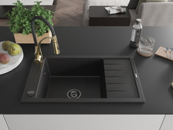 Mexen Elias Granitspüle 1-Becken mit Abtropffläche und Küchenarmatur Aster, schwarz/silber Metallic - 6511-73-73450-57-B