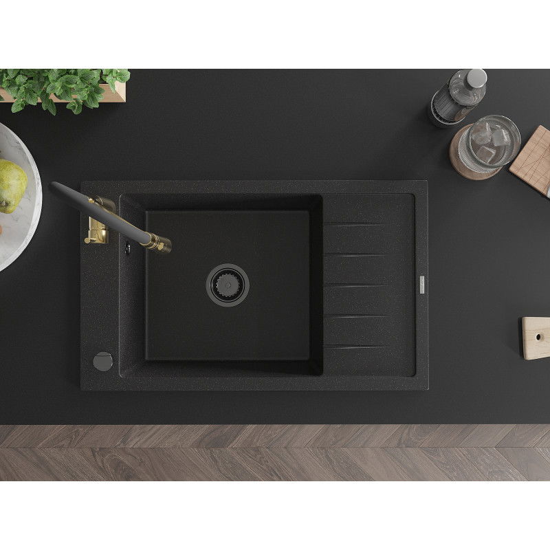 Mexen Elias lavello in granito a 1 vasca con scolapiatti e miscelatore cucina Aster, nero/argento metallizzato