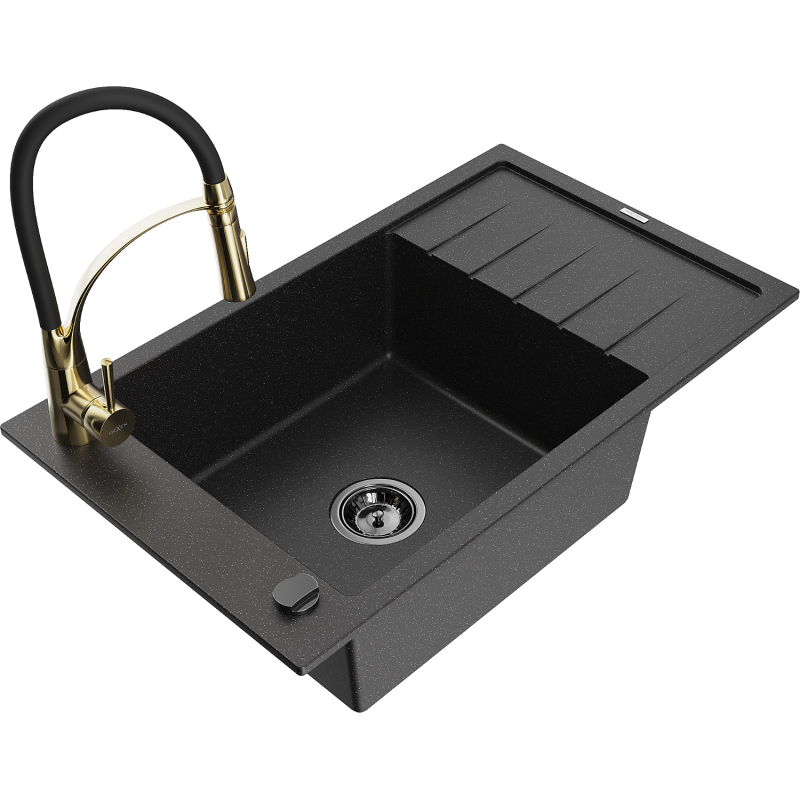 Mexen Elias granieten gootsteen 1-kamer met afdruiprek en keukenmengkraan Aster, zwart/zilver metallic - 6511-73-73450-57-B