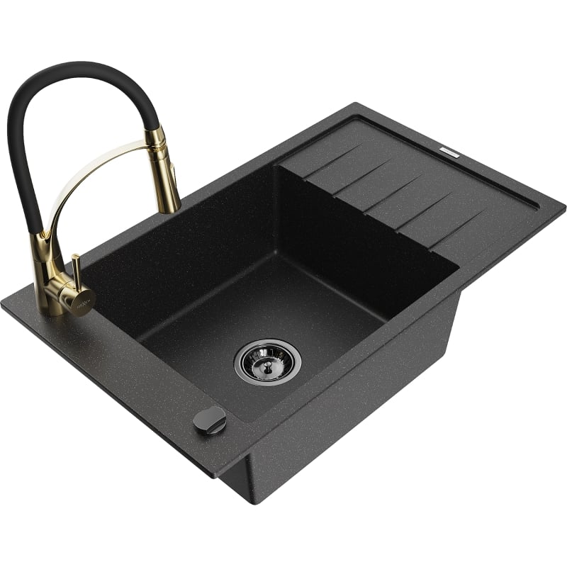Mexen Elias granieten spoelbak met 1 bak en afdruiprek en keukenkraan Aster, zwart/zilver metallic - 6511-73-73450-57-B