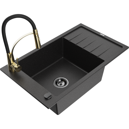 Mexen Elias fregadero de granito de 1 cubeta con escurridor y grifo de cocina Aster, negro/plateado metálico