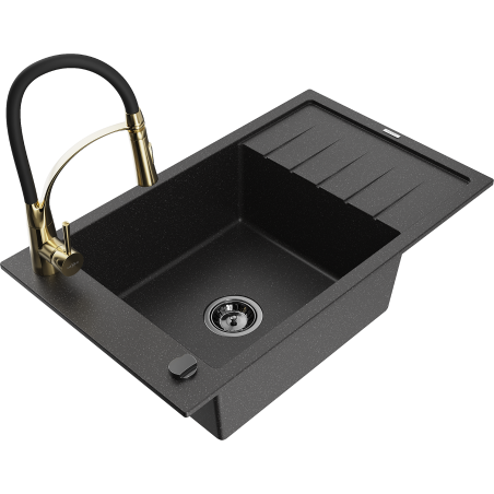 Mexen Elias granieten spoelbak met 1 bak en afdruiprek en keukenkraan Aster, zwart/zilver metallic - 6511-73-73450-57-B