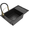 Mexen Elias granieten spoelbak met 1 bak en afdruiprek en keukenkraan Aster, zwart/zilver metallic - 6511-73-73450-57-B