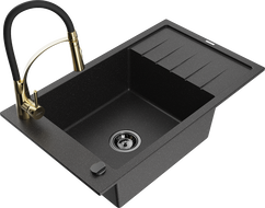 Mexen Elias 1-bowl granite sink with drainer and Aster kitchen tap, black/silver metallic - 6511-73-73450-57-B