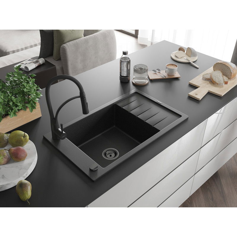 Mexen Elias granite sink 1-bowl with drainer and Aster kitchen tap, black/silver metallic - 6511-73-73450-70-B
