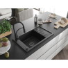 Mexen Elias granitische spoelbak met 1 bak en afdruiprek en keukenkraan Aster, zwart/zilver metallic - 6511-73-73450-70-B
