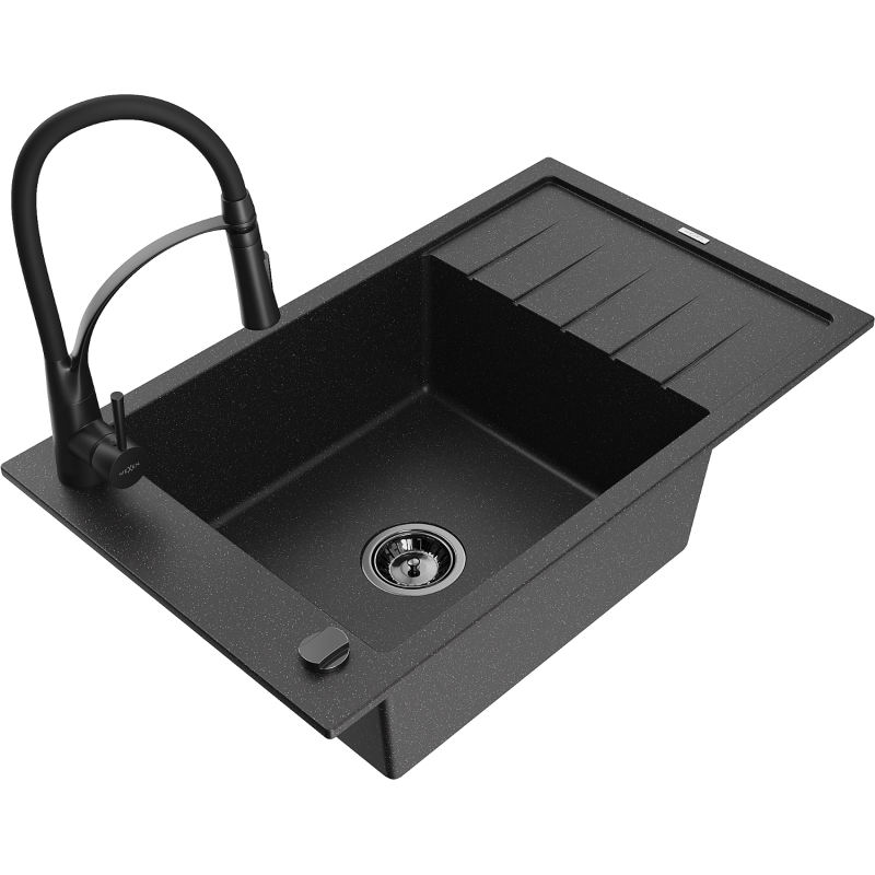 Mexen Elias fregadero de granito de 1 seno con escurridor y grifo de cocina Aster, negro/metálico plateado - 6511-73-73450-70-B