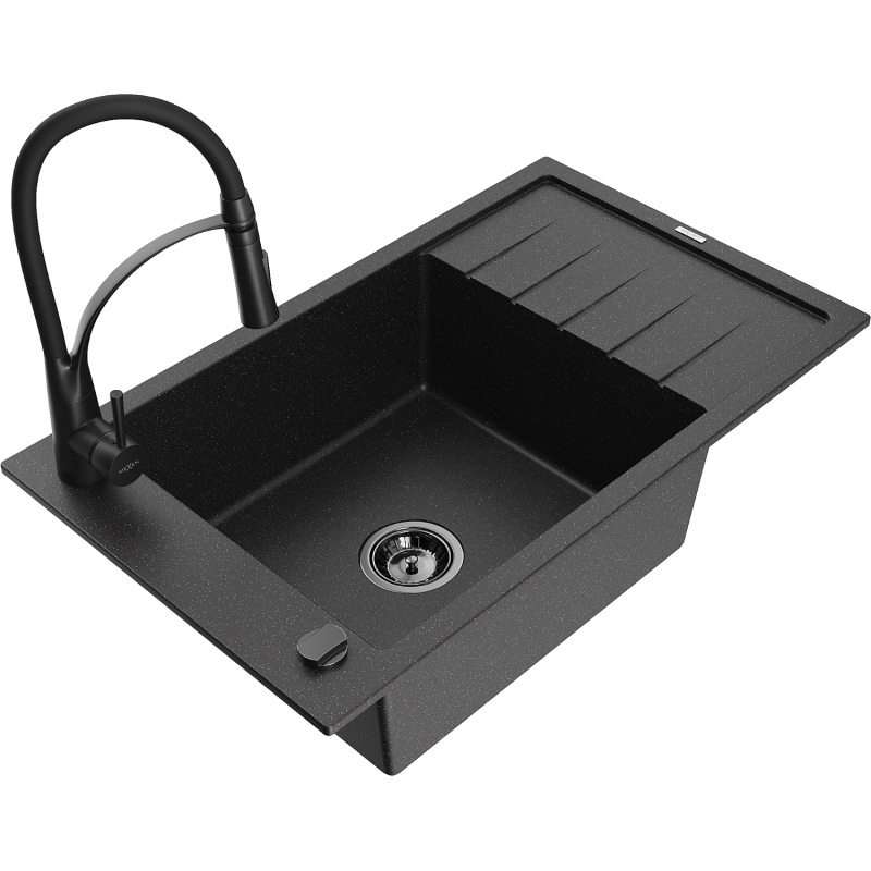Mexen Elias Granitspüle 1-Becken mit Abtropffläche und Küchenarmatur Aster, schwarz/silber metallic - 6511-73-73450-70-B