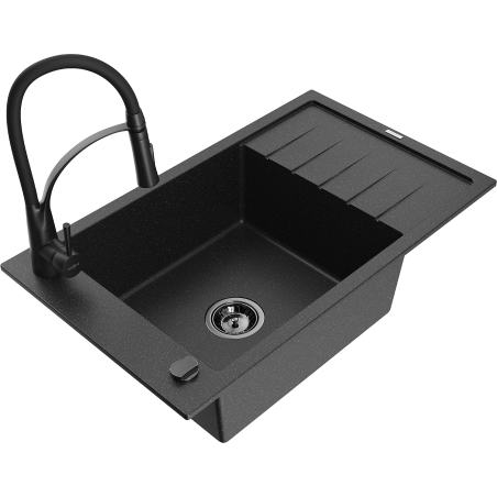 Mexen Elias granite sink 1-bowl with drainer and Aster kitchen tap, black/silver metallic - 6511-73-73450-70-B