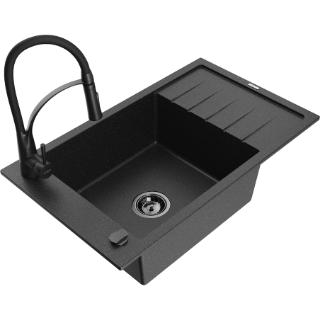 Mexen Elias granitische spoelbak met 1 bak en afdruiprek en keukenkraan Aster, zwart/zilver metallic - 6511-73-73450-70-B