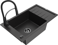 Mexen Elias granite sink 1-bowl with drainer and Aster kitchen tap, black/silver metallic - 6511-73-73450-70-B