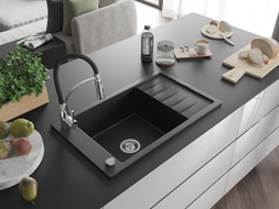 Mexen Elias lavello in granito a 1 vasca con scolapiatti e miscelatore da cucina Aster, nero/oro metallico - 6511-75-73450-70