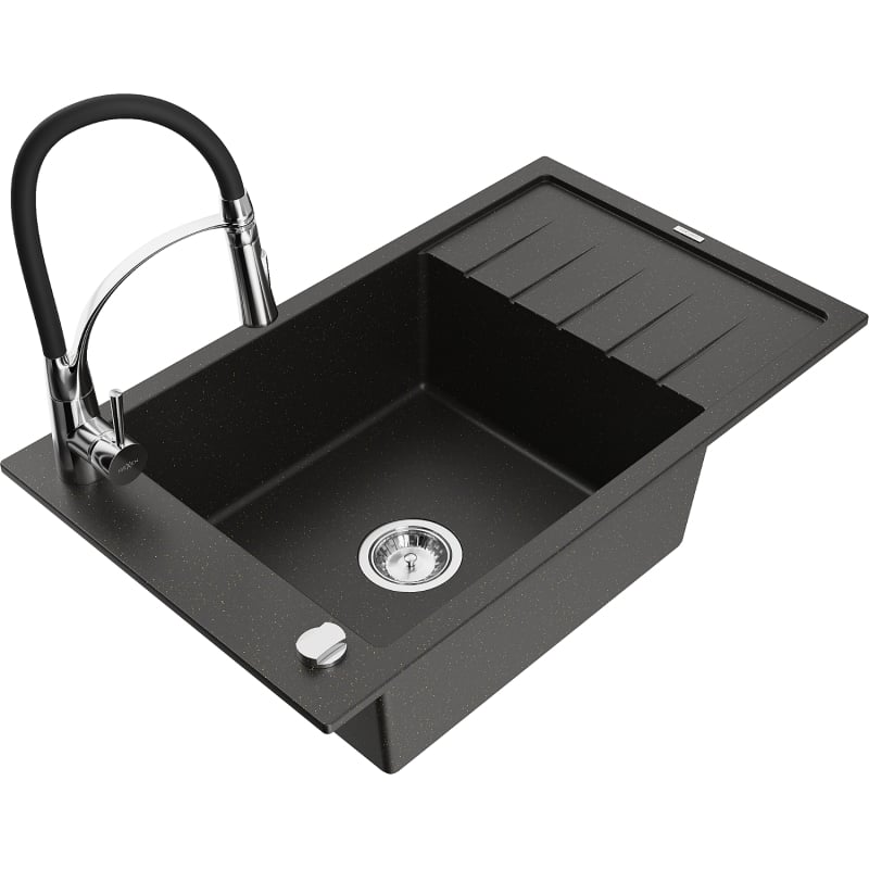 Mexen Elias granit wastafel 1-komor met afdruipplaat en keukenmengkraan Aster, zwart/goud metallic - 6511-75-73450-70