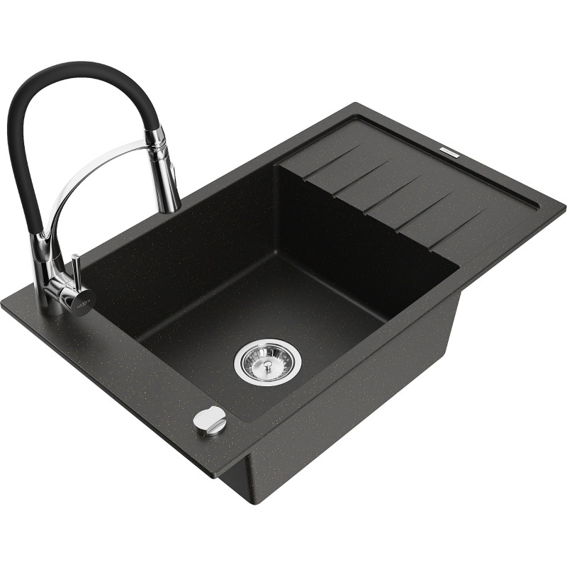 Mexen Elias lavello in granito a 1 vasca con scolapiatti e miscelatore da cucina Aster, nero/oro metallico - 6511-75-73450-70