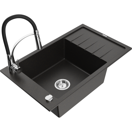 Mexen Elias granit wastafel 1-komor met afdruipplaat en keukenmengkraan Aster, zwart/goud metallic - 6511-75-73450-70