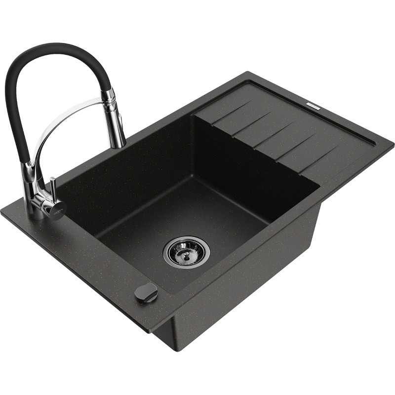 Mexen Elias fregadero de granito de 1 cubeta con escurridor y grifo de cocina Aster, negro/dorado metálico - 6511-75-73450-07-B
