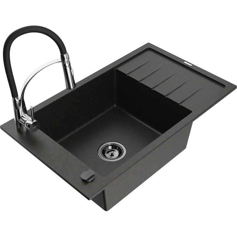 Mexen Elias lavello in granito a 1 vasca con scolapiatti e rubinetto cucina Aster, nero/oro metallizzato - 6511-75-73450-07-B