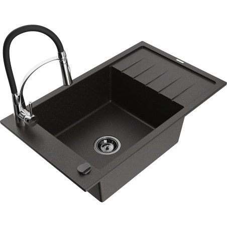 Mexen Elias grants izlietne ar vienu nodalījumu, notecētavu un virtuves maisītāju Aster, melns/zeltains metālisks