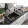 Mexen Elias Granitspüle 1-beckig mit Abtropffläche und Küchenarmatur Aster, schwarz/goldener Metallic - 6511-75-73450-57-G