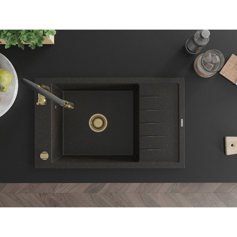 Mexen Elias Granitspüle 1-beckig mit Abtropffläche und Küchenarmatur Aster, schwarz/goldener Metallic - 6511-75-73450-57-G