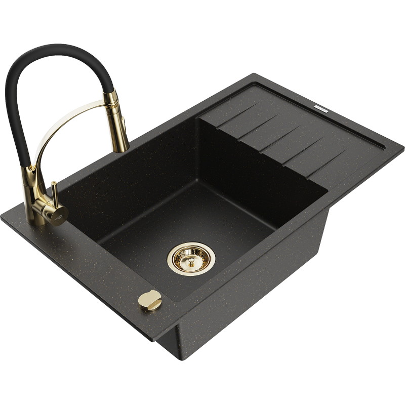 Mexen Elias fregadero de granito de 1 seno con escurridor y grifo de cocina Aster, negro/oro metálico - 6511-75-73450-57-G