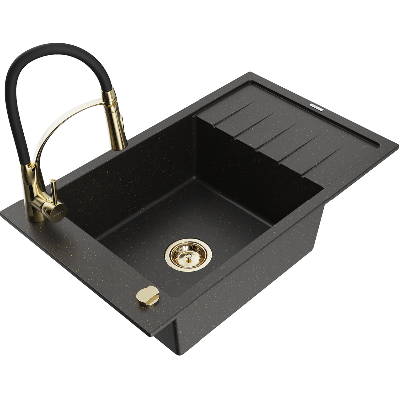Mexen Elias Granitspüle 1-beckig mit Abtropffläche und Küchenarmatur Aster, schwarz/goldener Metallic - 6511-75-73450-57-G