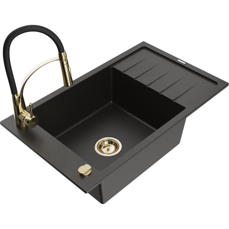 Mexen Elias 1-kammeriger Granitspülbecken mit Abtropffläche und Küchenarmatur Aster, schwarz/gold metallisch