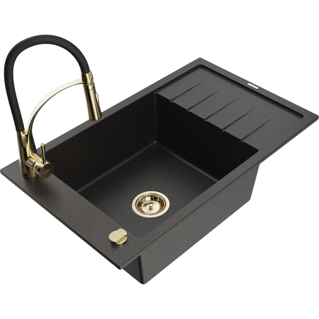 Mexen Elias fregadero de granito de 1 seno con escurridor y grifo de cocina Aster, negro/dorado metálico - 6511-75-73450-57-G