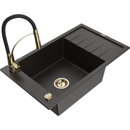 Mexen Elias Granitspüle 1-beckig mit Abtropffläche und Küchenarmatur Aster, schwarz/goldener Metallic - 6511-75-73450-57-G
