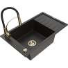 Mexen Elias granitische spoelbak met 1 bak, afdruiprek en keukenmengkraan Aster, zwart/goud metallic - 6511-75-73450-57-G